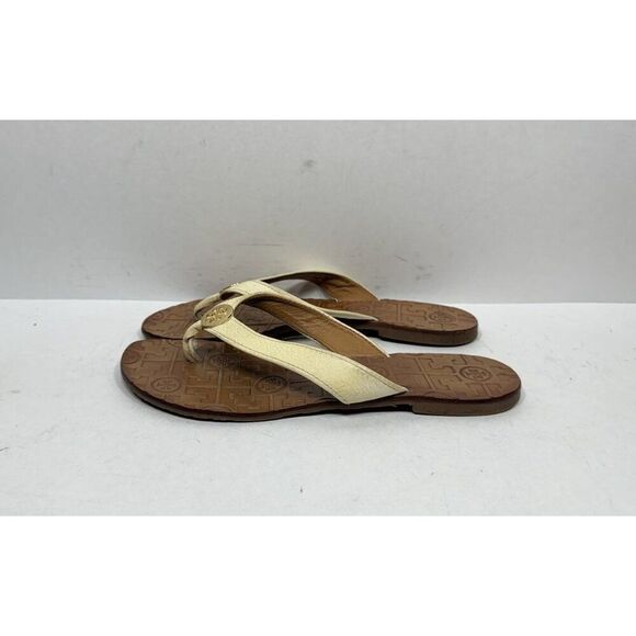 Tory Burch Thora Embossed Cream Leather Flip Flops Womens Size 7 M Sandals Shoes - Picture 3 of 9